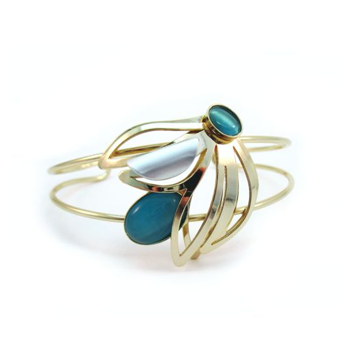 POLY Shiny Gold Bright Blue Floral Cuff Bracelet - Click Image to Close